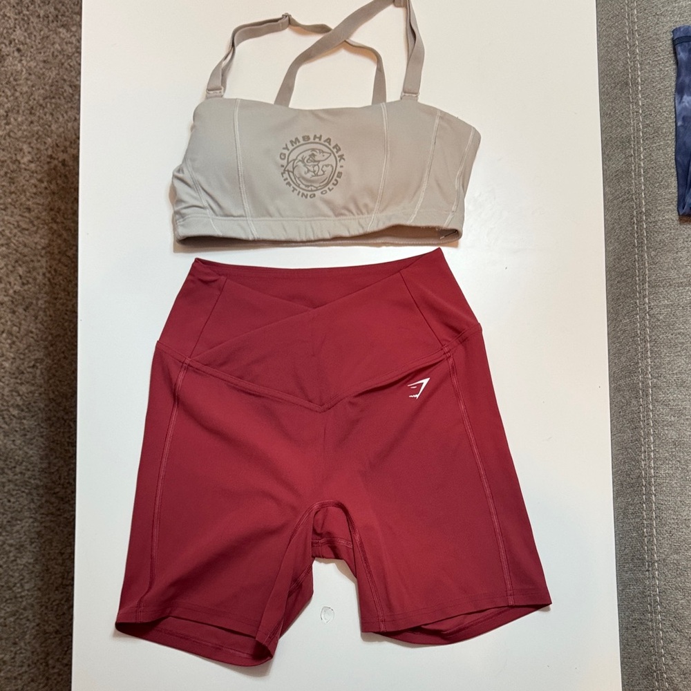 Gymshark Taupe Sports Bra and Burgundy Shorts Set